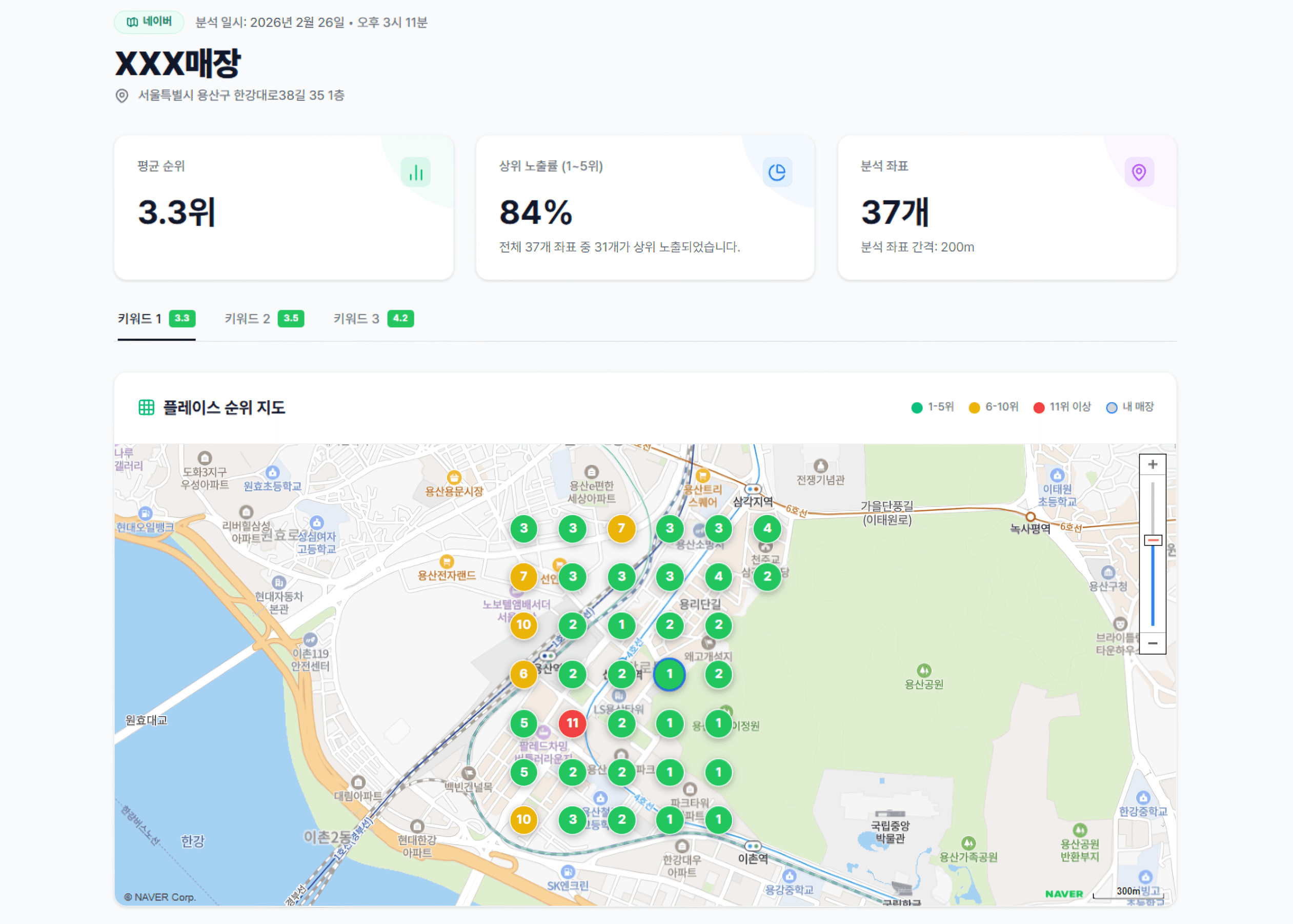 맵타민 플레이스 순위 지도 분석 결과 화면